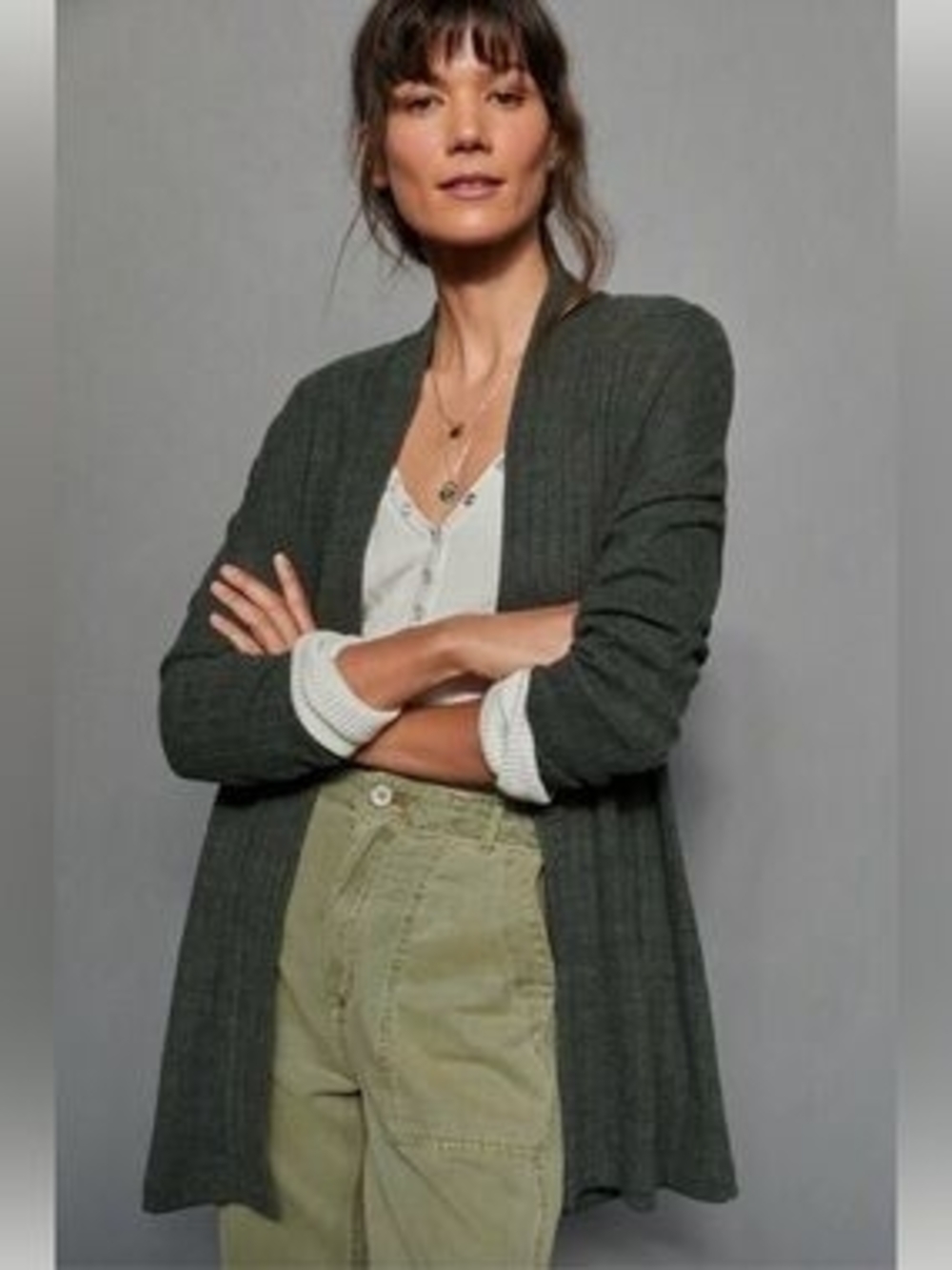 Open-Front Olive Ribbed Knit Cardigan